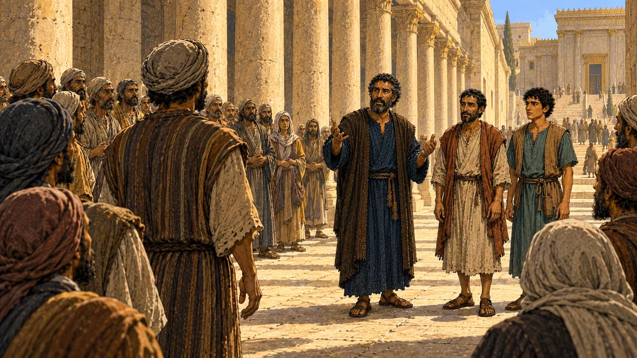 A listener faces Peter, John and the healed man along the sunlit colonnade.