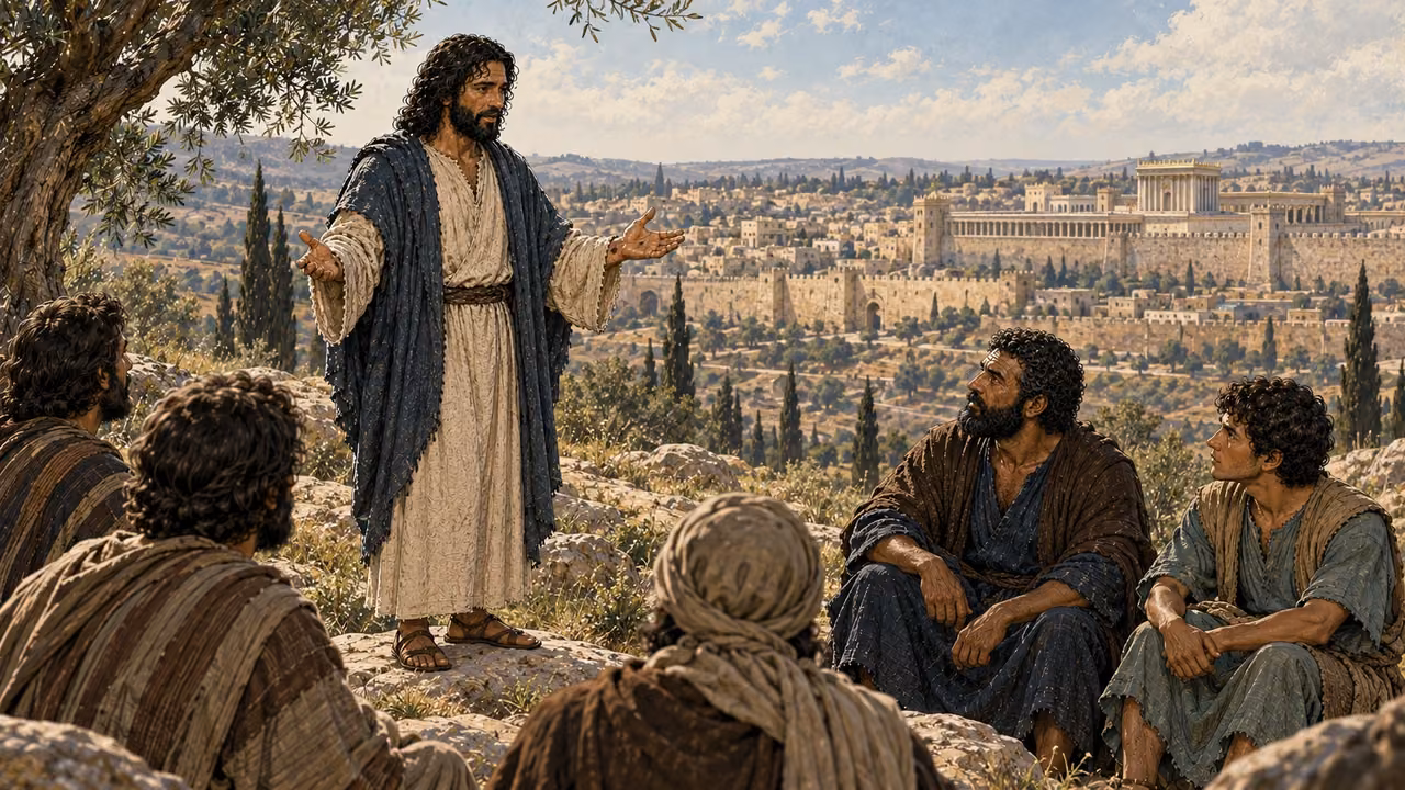 The risen Jesus teaches seated apostles on an olive hillside above Jerusalem.