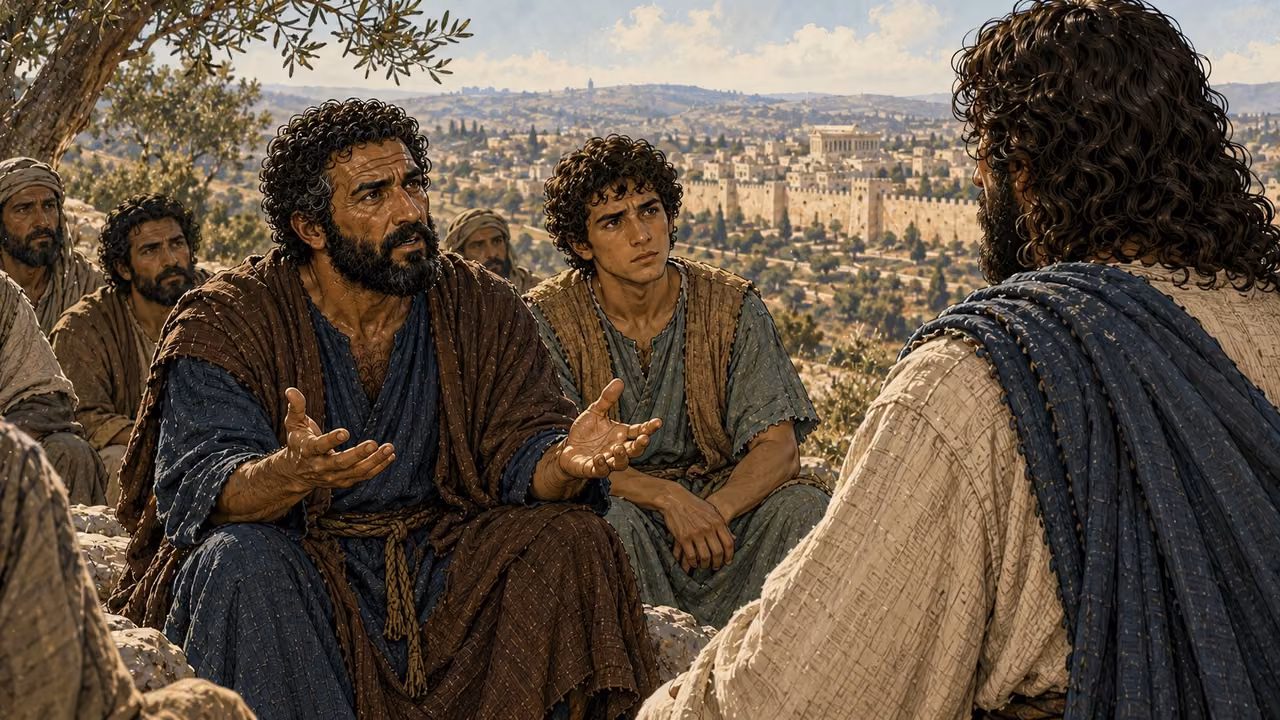 From behind Jesus, Peter and John listen as Peter opens his hands in a question.