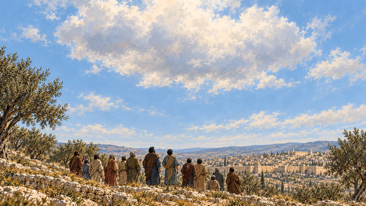 Distant apostles look upward over the olive hillside; Jesus is hidden from sight.