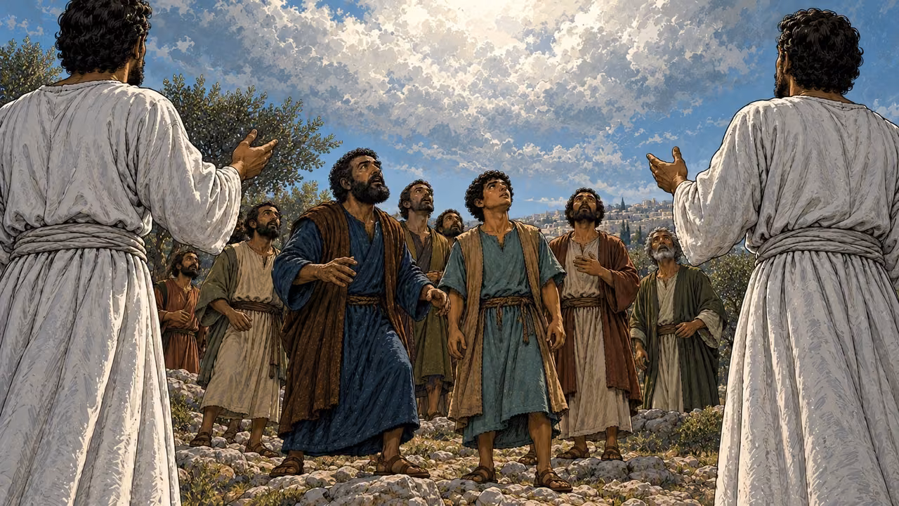 Two white-robed men seen from behind stand beside the upward-looking apostles.