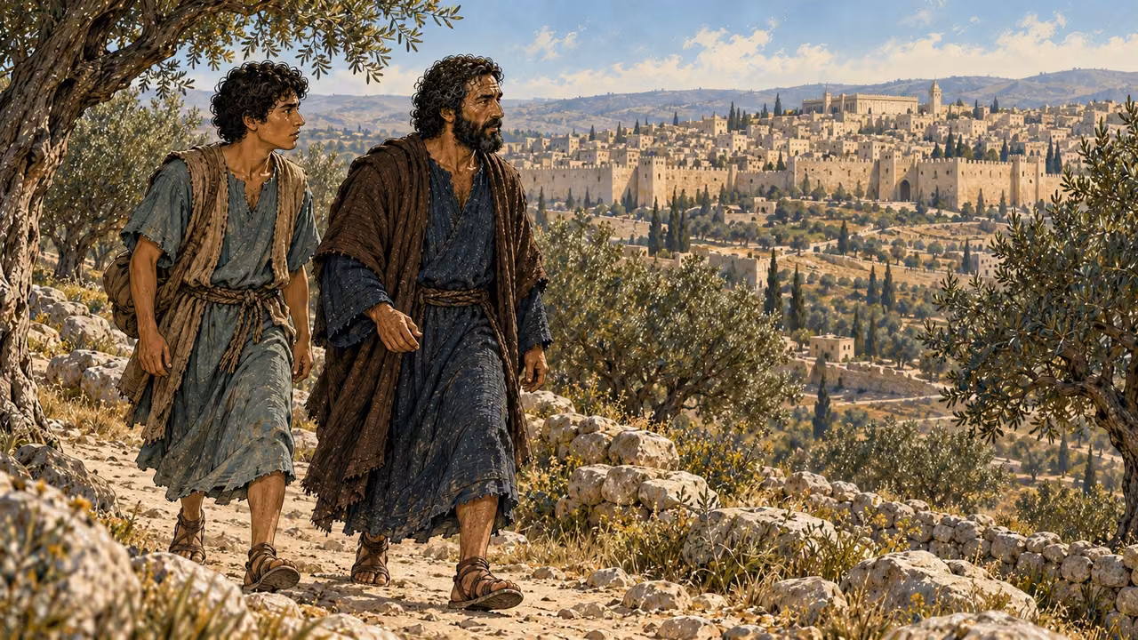 Peter and John walk on the stony path above Jerusalem.