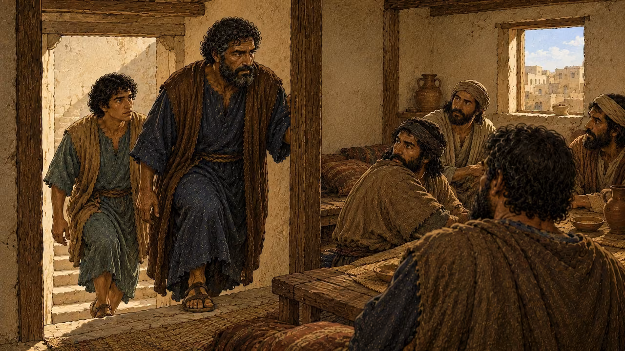 Peter and John enter the upstairs room by stone steps.