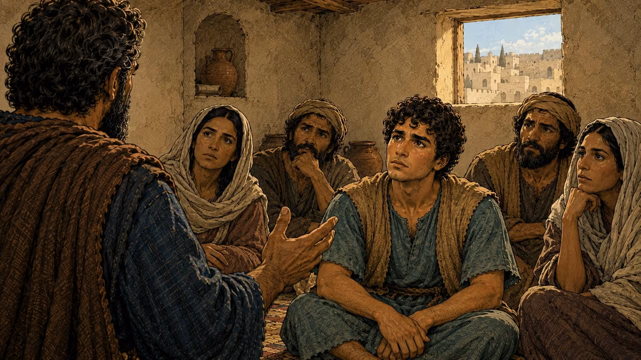 John and other believers listen soberly to Peter speaking across the room.
