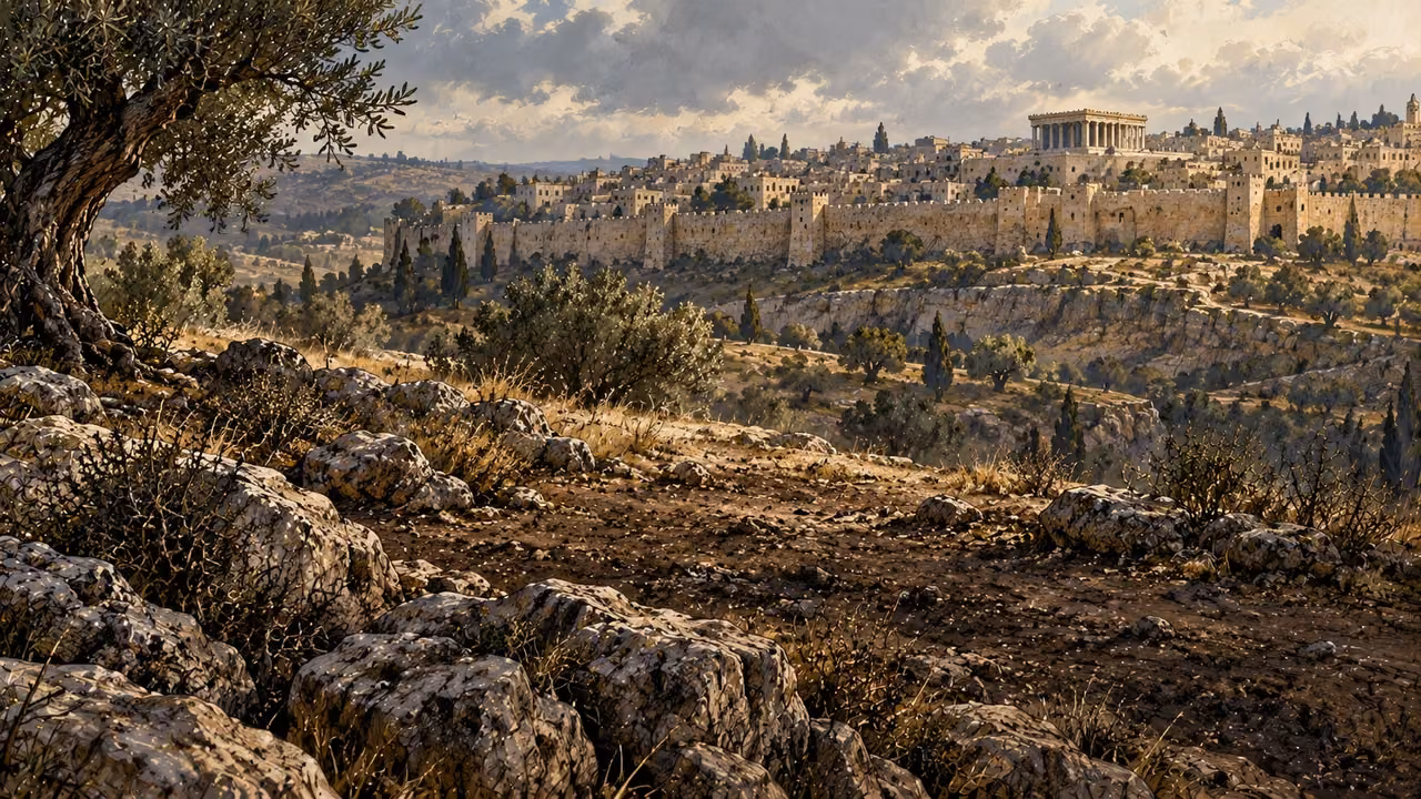 A desolate rocky field lies outside Jerusalem without people or a depicted body.