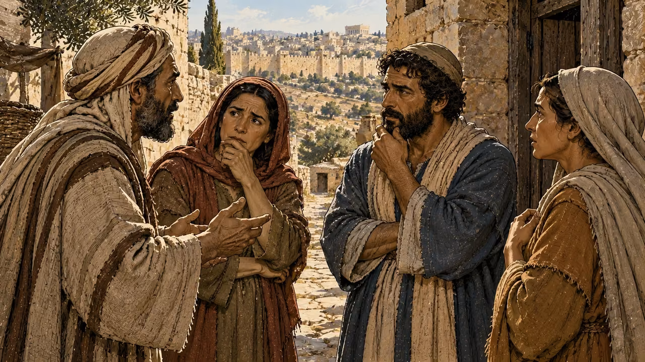 Residents quietly discuss grave news beside a doorway in Jerusalem.
