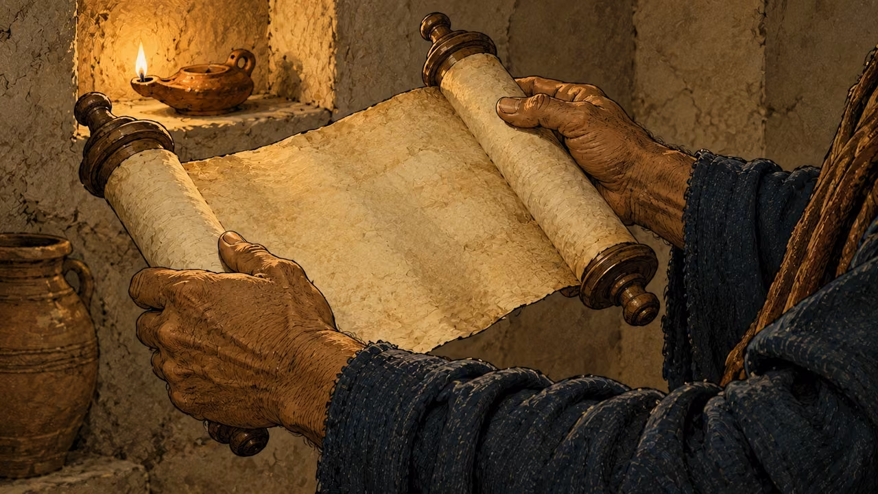Peter’s hands hold an unlettered scroll beside a clay lamp.