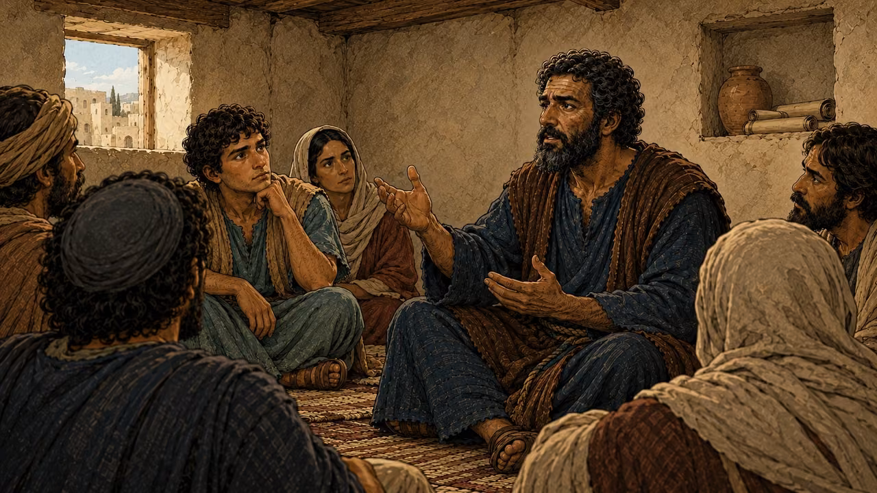 Peter speaks to a circle of seated believers in the upper room.