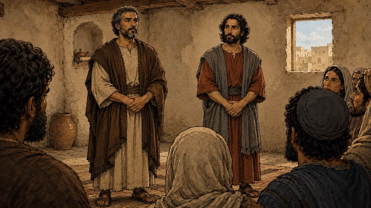 Joseph in sand and brown and Matthias in brick-red and gray stand before the gathering.