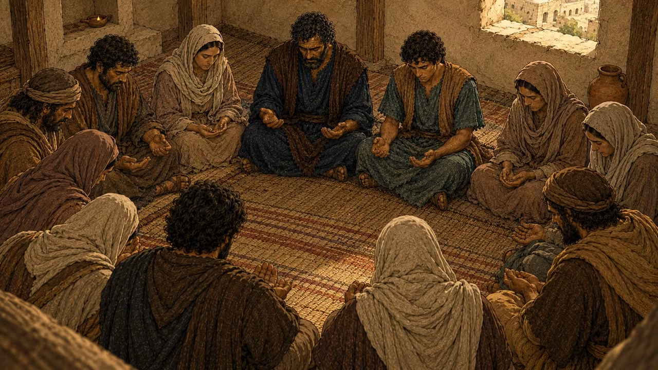 The gathered believers bow their heads and pray in a broad circle.