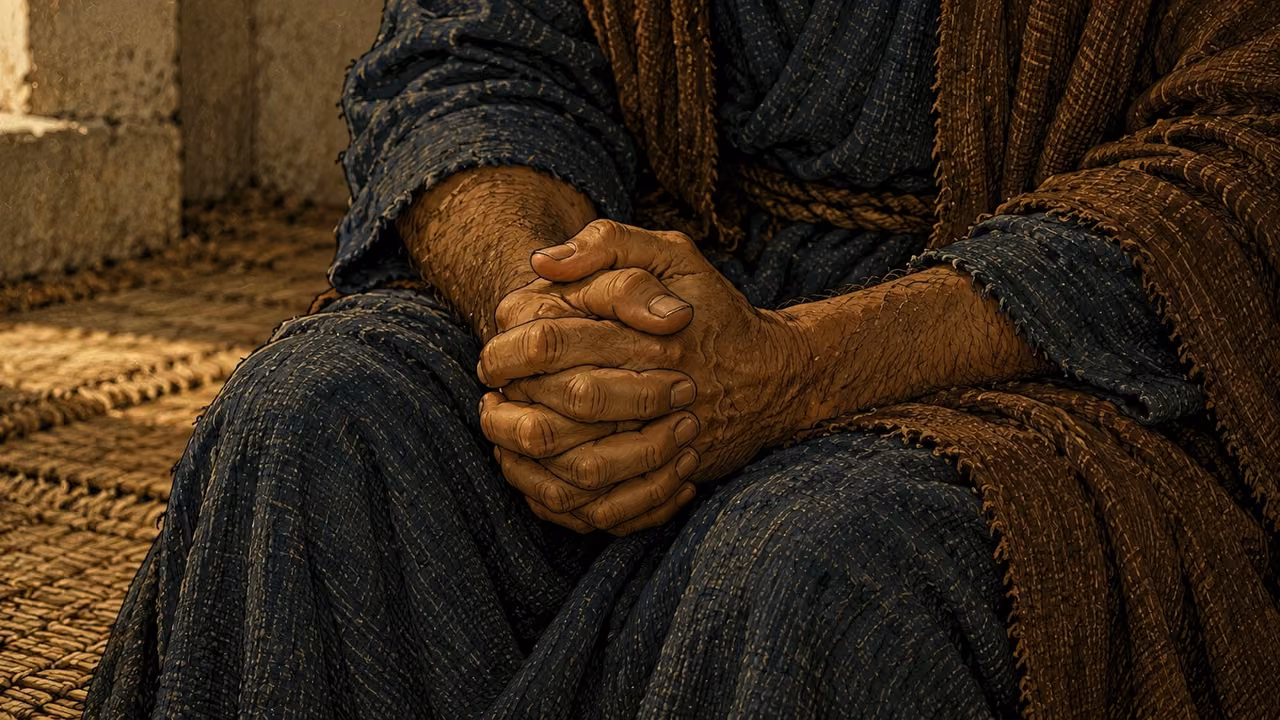 Peter’s clasped hands rest on his indigo-clad knees.