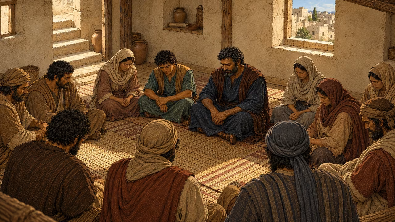 Believers sit quietly together in an upstairs room before the sudden sound.