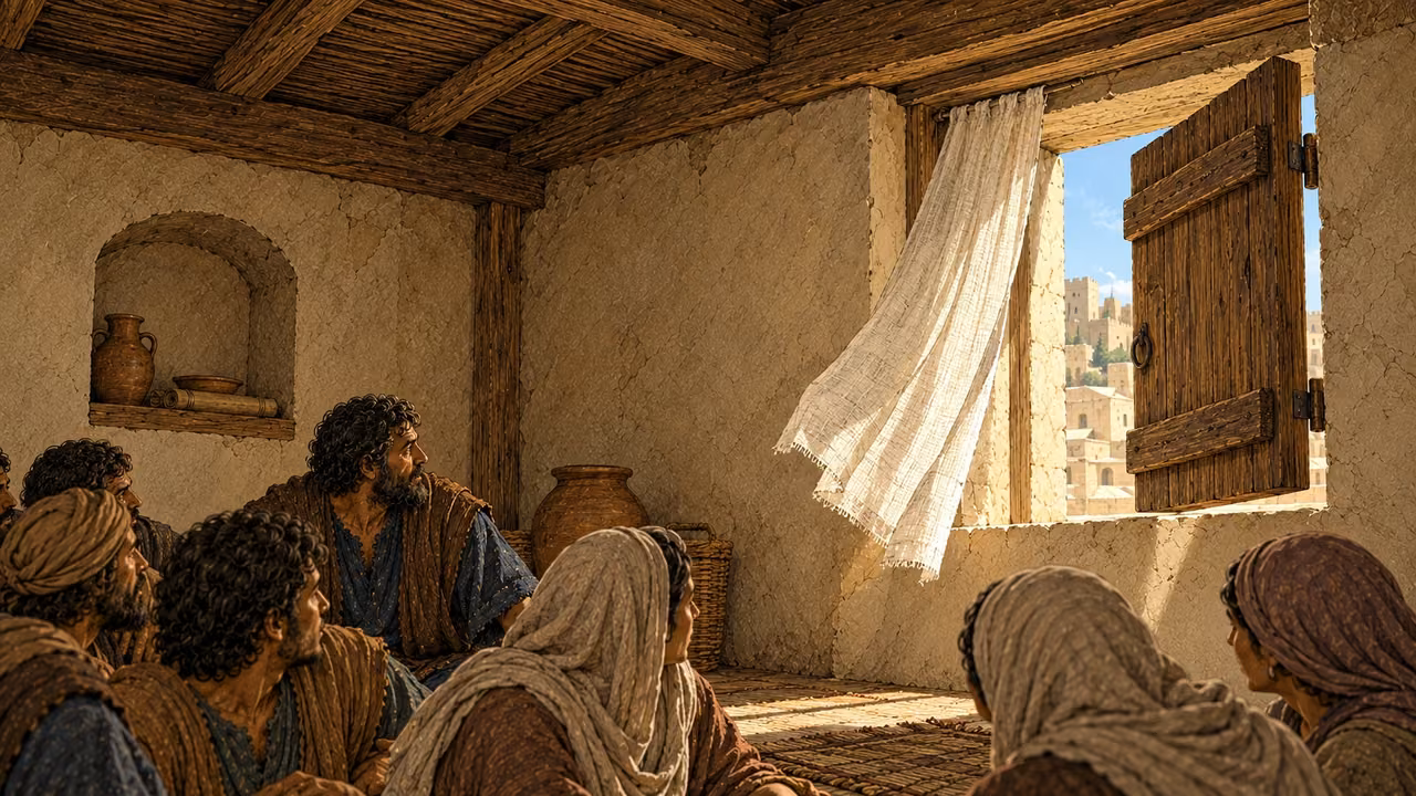 Seated listeners turn toward an open window and gently moving linen cloth.
