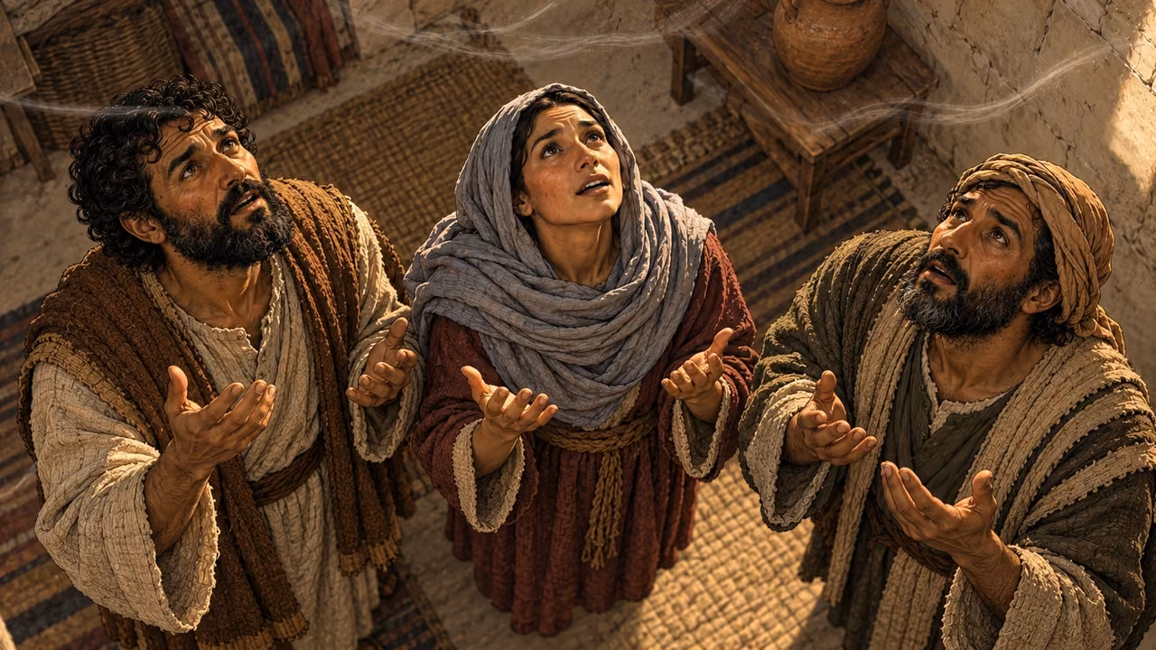 Three believers look upward with reverent wonder beneath faint white wisps.