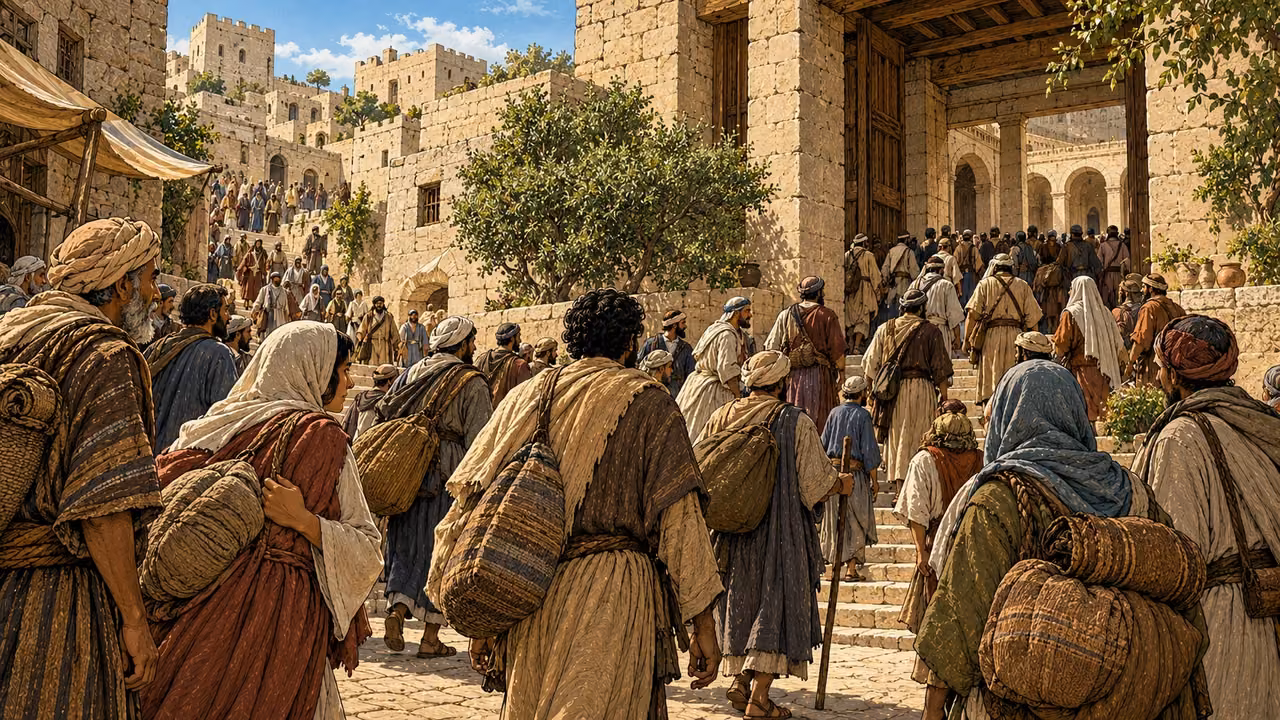 Diaspora visitors move through a Jerusalem street toward a gathering.