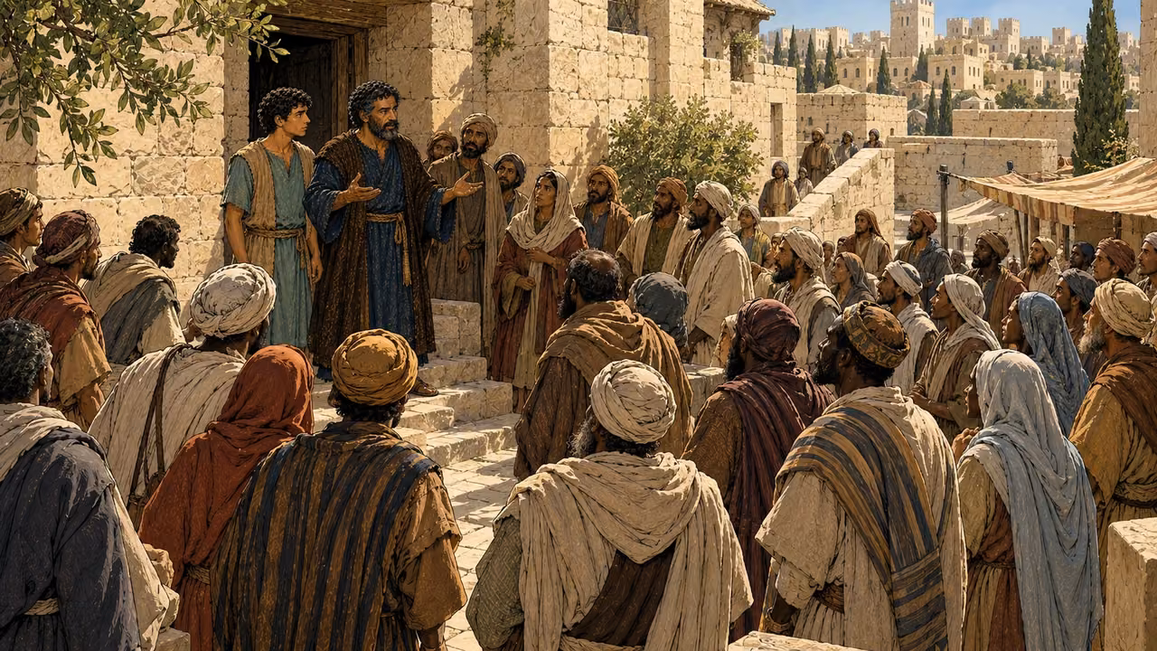 A crowd gathers around Peter and John speaking near a doorway.