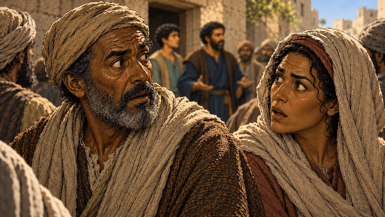 Two listeners exchange astonished looks as Peter and John speak behind them.