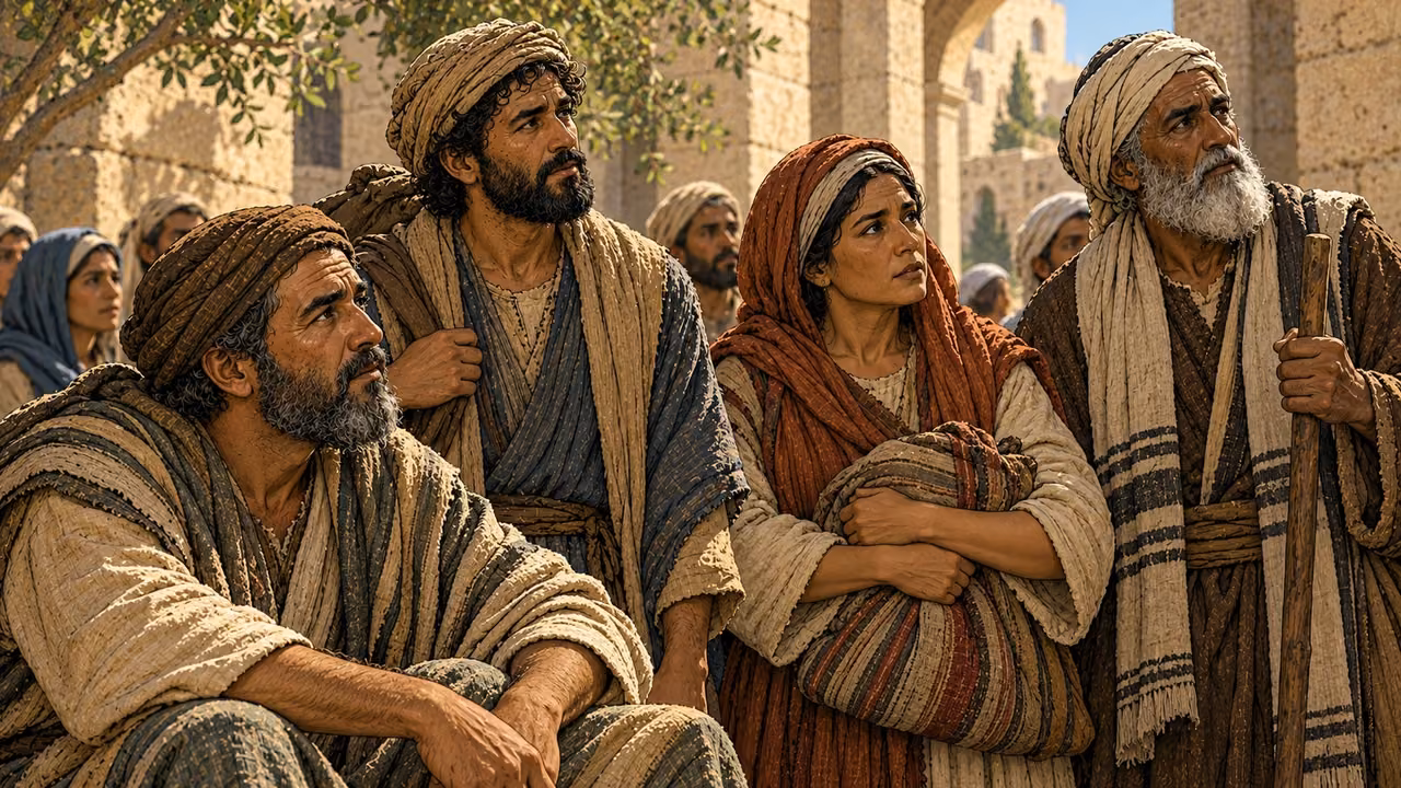 Travelers of different ages listen together in a Jerusalem courtyard.