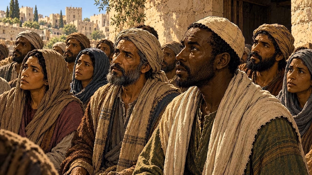 A dark-brown-skinned traveler and other listeners attend to the speakers.