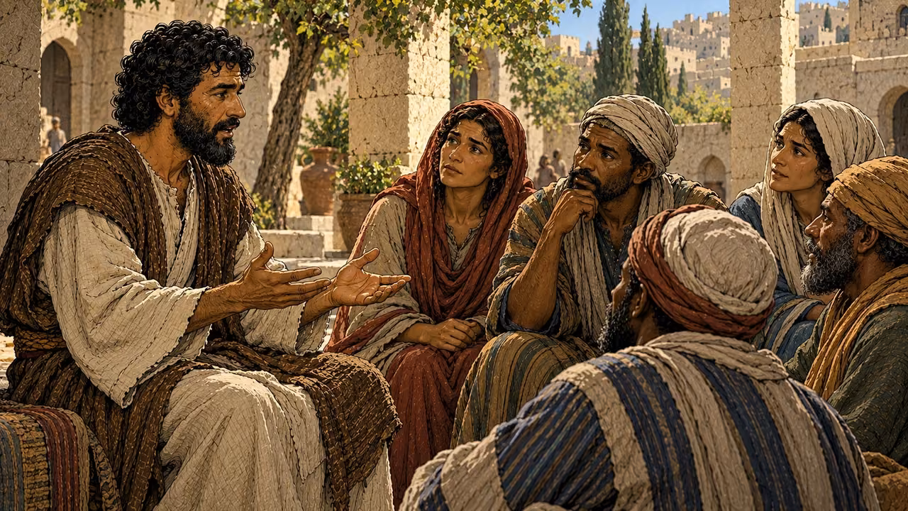 An unnamed believer speaks with open hands to attentive travelers.