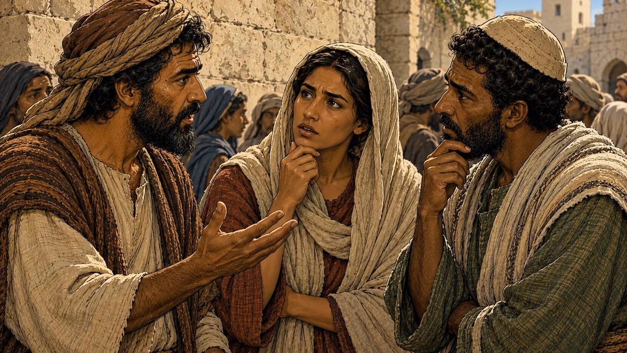Three visitors exchange thoughtful questioning gestures within the crowd.