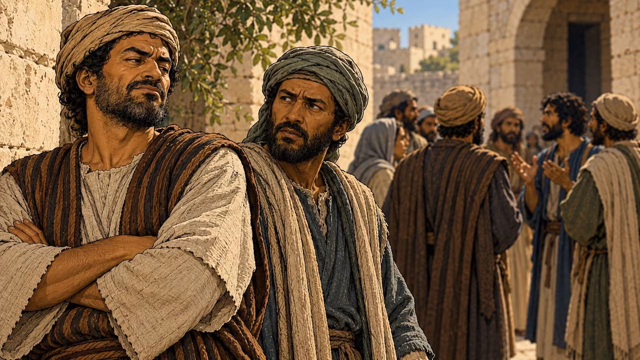 Two skeptical onlookers react dismissively at the edge of the gathering.