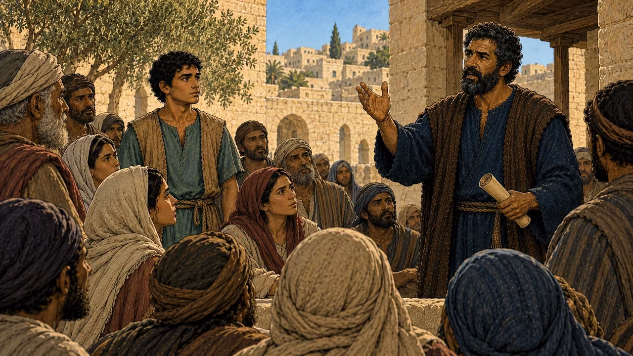 Women, men and older listeners hear Peter speak while he holds a rolled scroll.