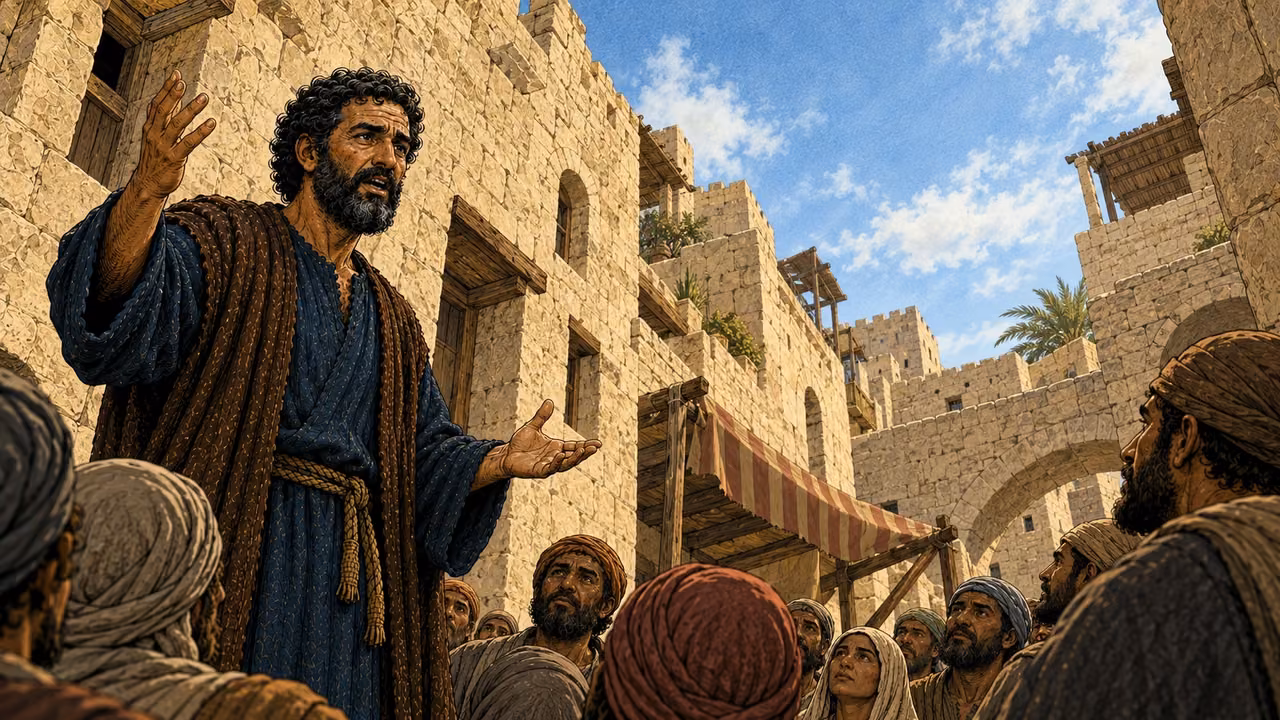 Peter speaks beneath the open sky between Jerusalem buildings.
