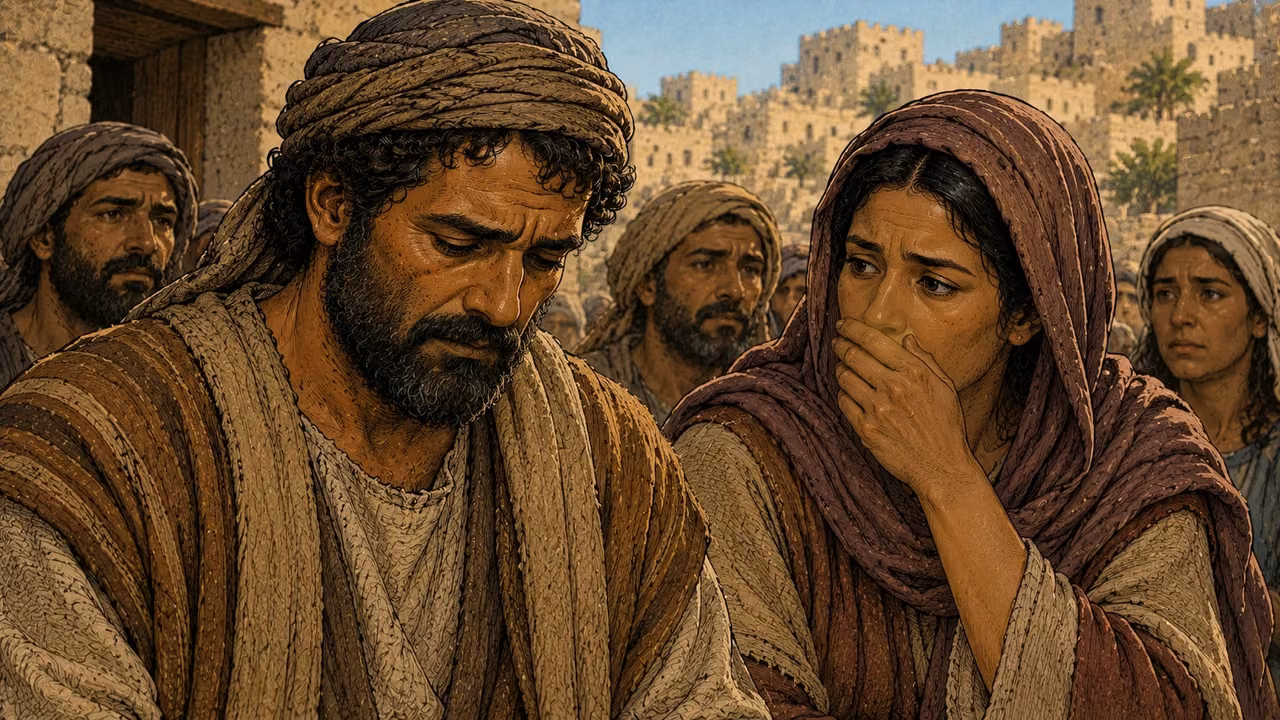 Two listeners lower their faces in sober reflection.