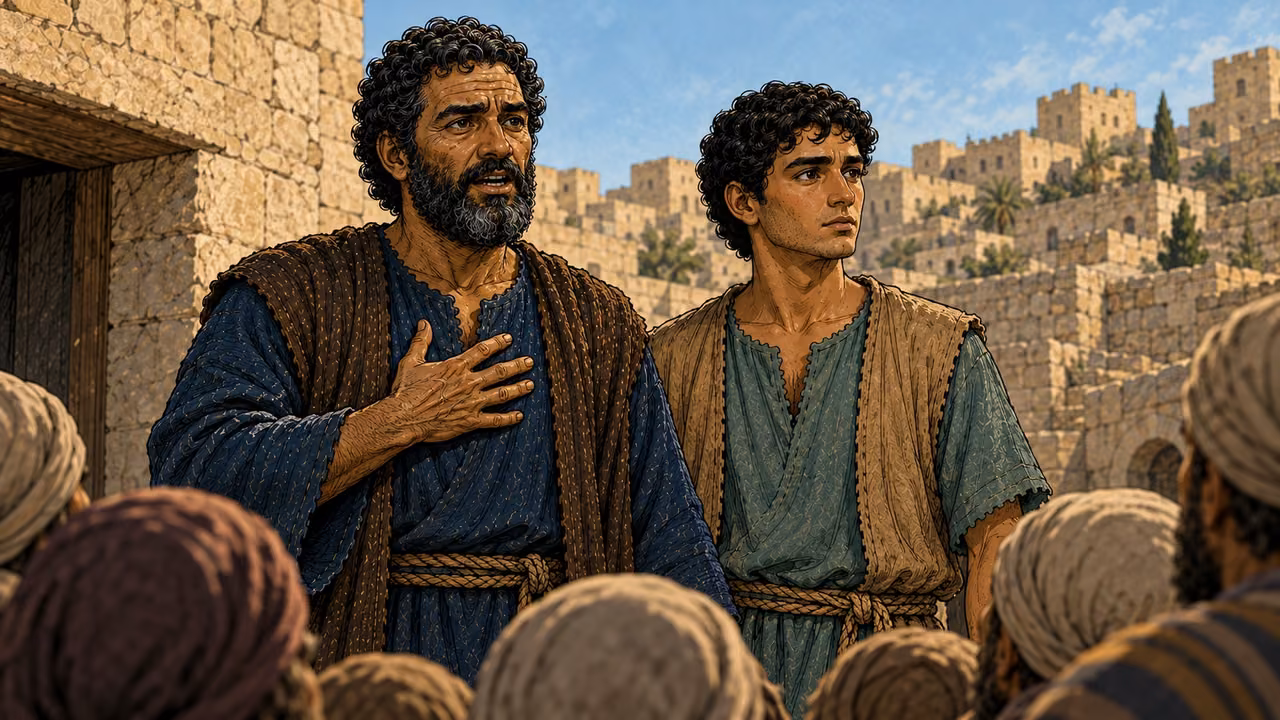 Peter and John stand together as witnesses before the gathering.