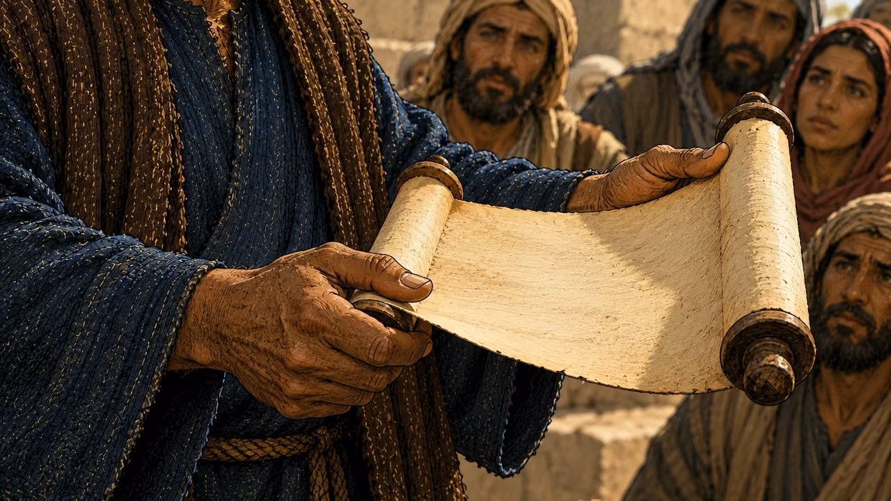 Peter holds an unlettered scroll in his rough hands before the listeners.