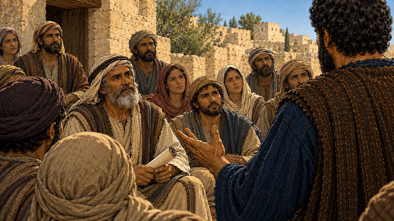 An older listener holding a rolled scroll listens to Peter across the gathering.