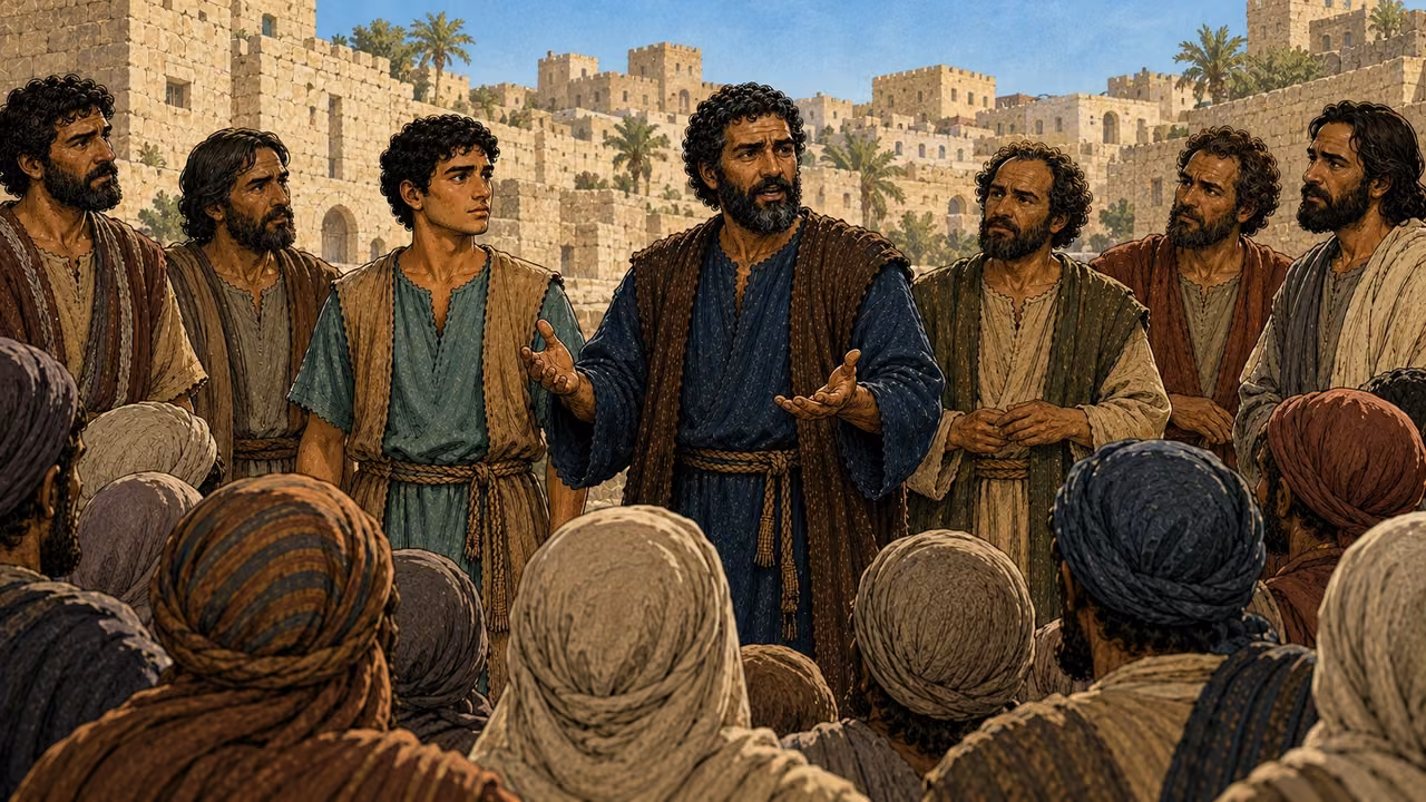 Peter and John stand with several other apostles before the crowd.