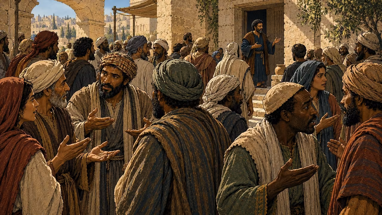 Groups of believers and travelers speak and listen throughout the courtyard.