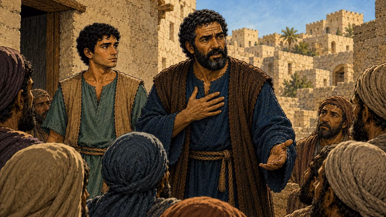 Peter speaks with one hand at his chest before the listeners.
