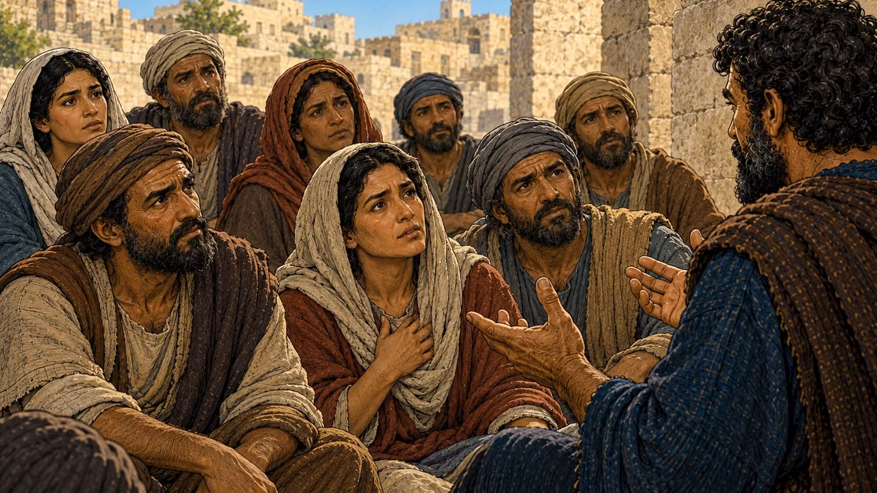 Earnest listeners question Peter with open hands and troubled faces.