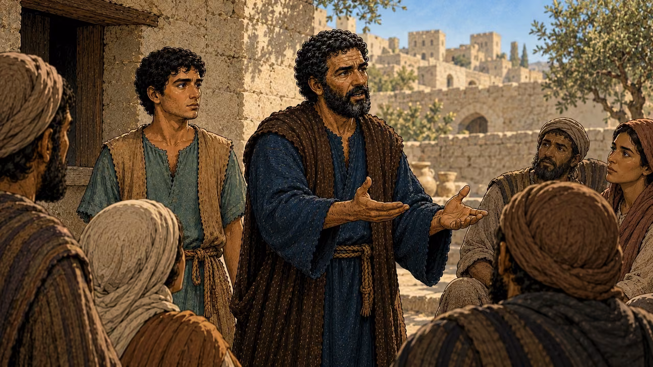 Peter and John address several attentive listeners with open hands.