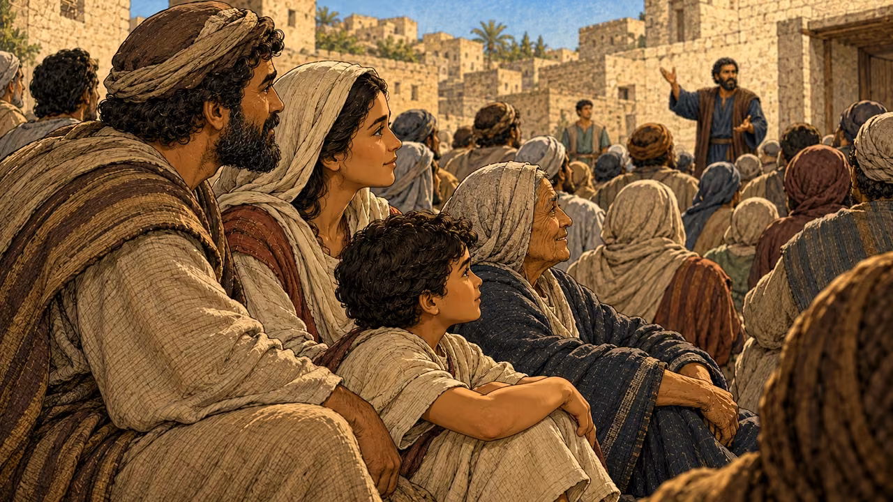 A couple, their child and an older relative listen together in the crowd.