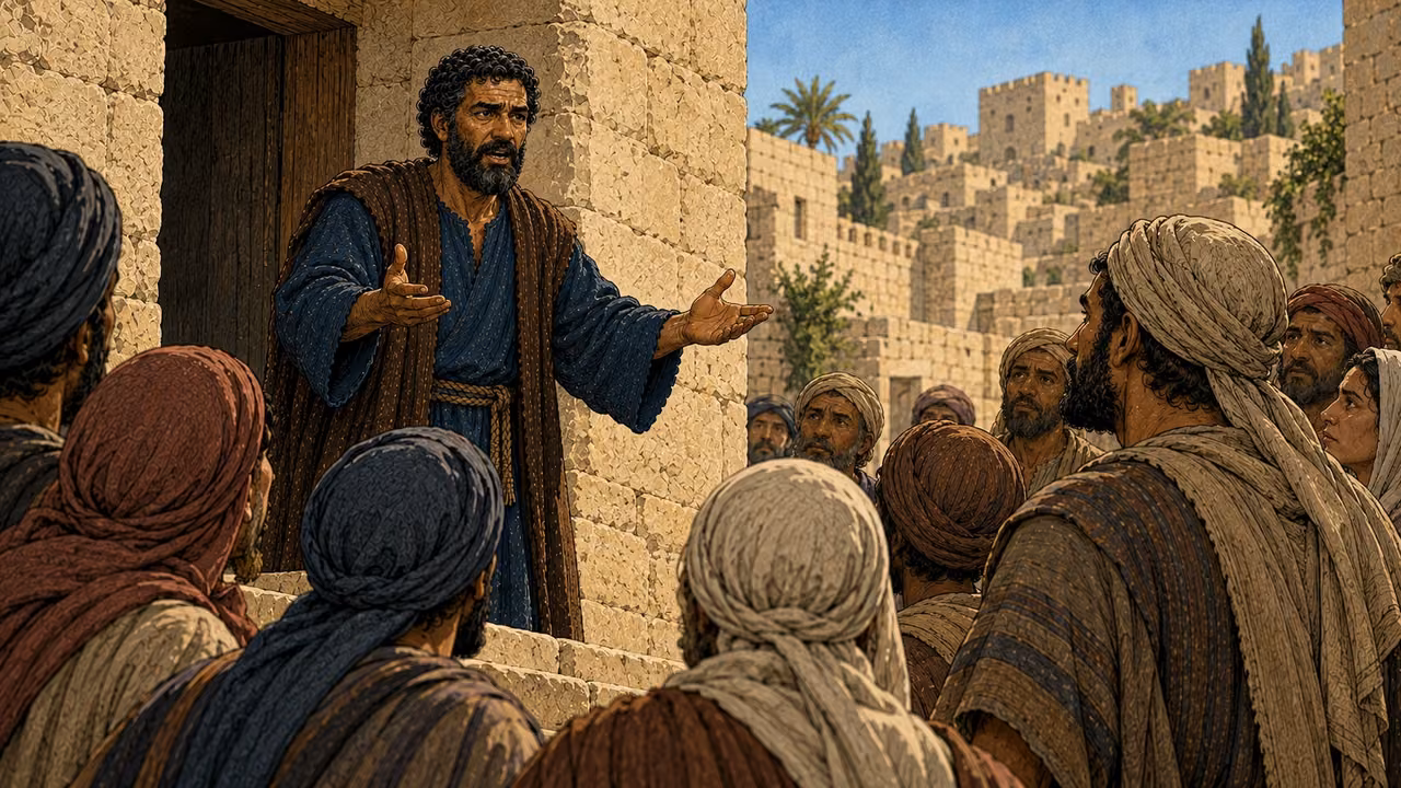 Peter speaks earnestly from a stone threshold to the surrounding people.