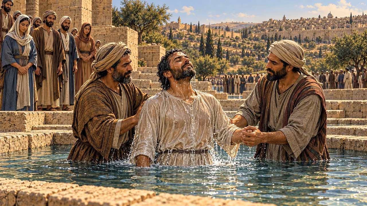 A fully clothed adult rises safely from immersion with two believers supporting him.