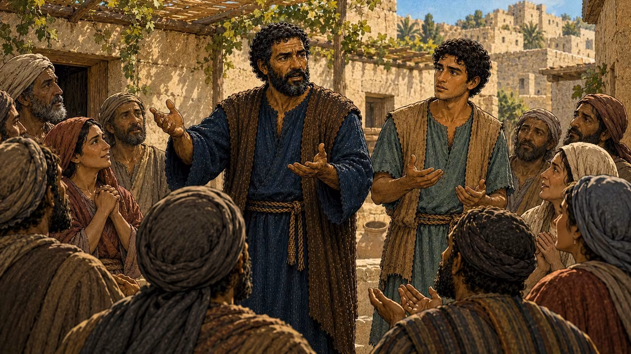 People gather with reverent expressions as Peter and John speak among them.