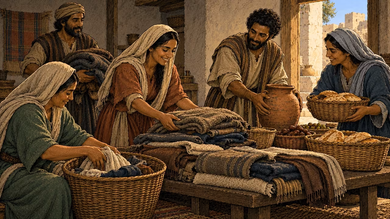 Believers gather folded garments, bread and vessels for common use.
