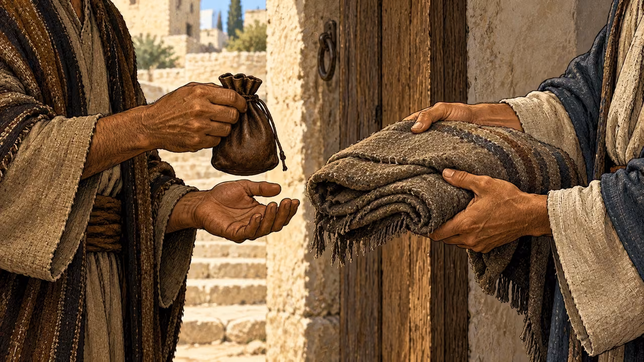 Hands exchange a folded wool garment and a small purse at a doorway.