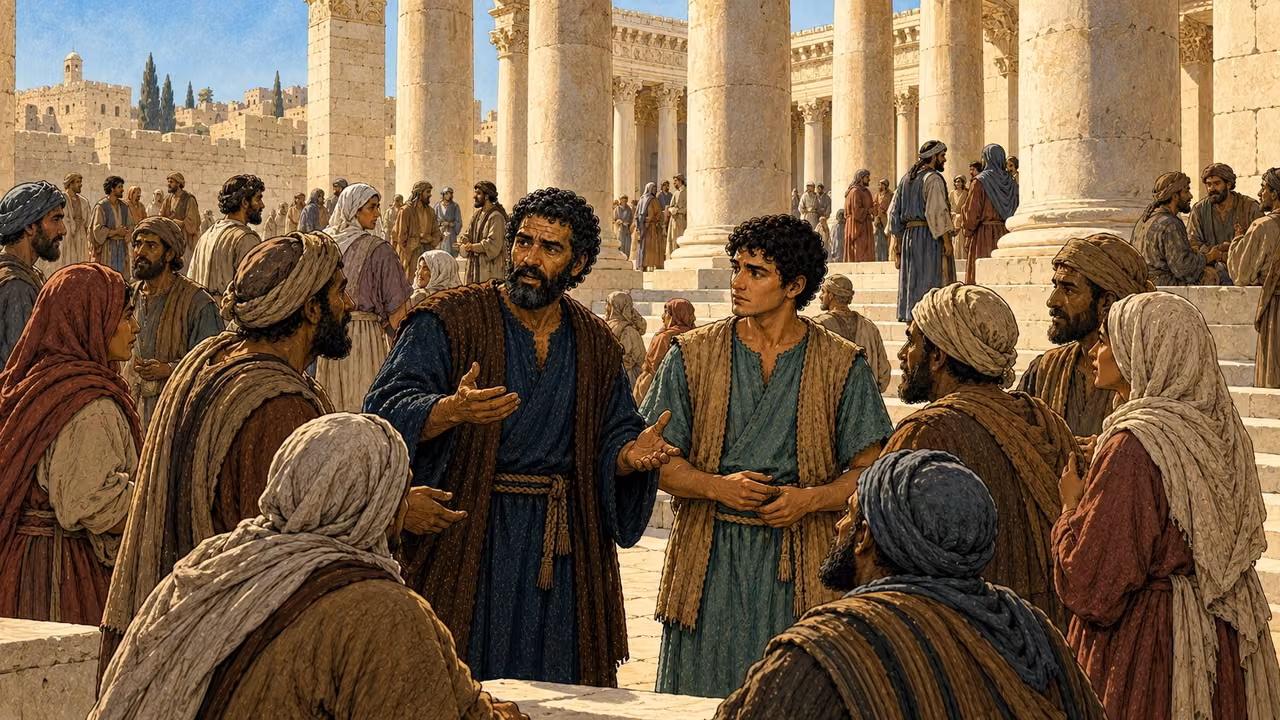Peter, John and others gather among the Temple colonnades.