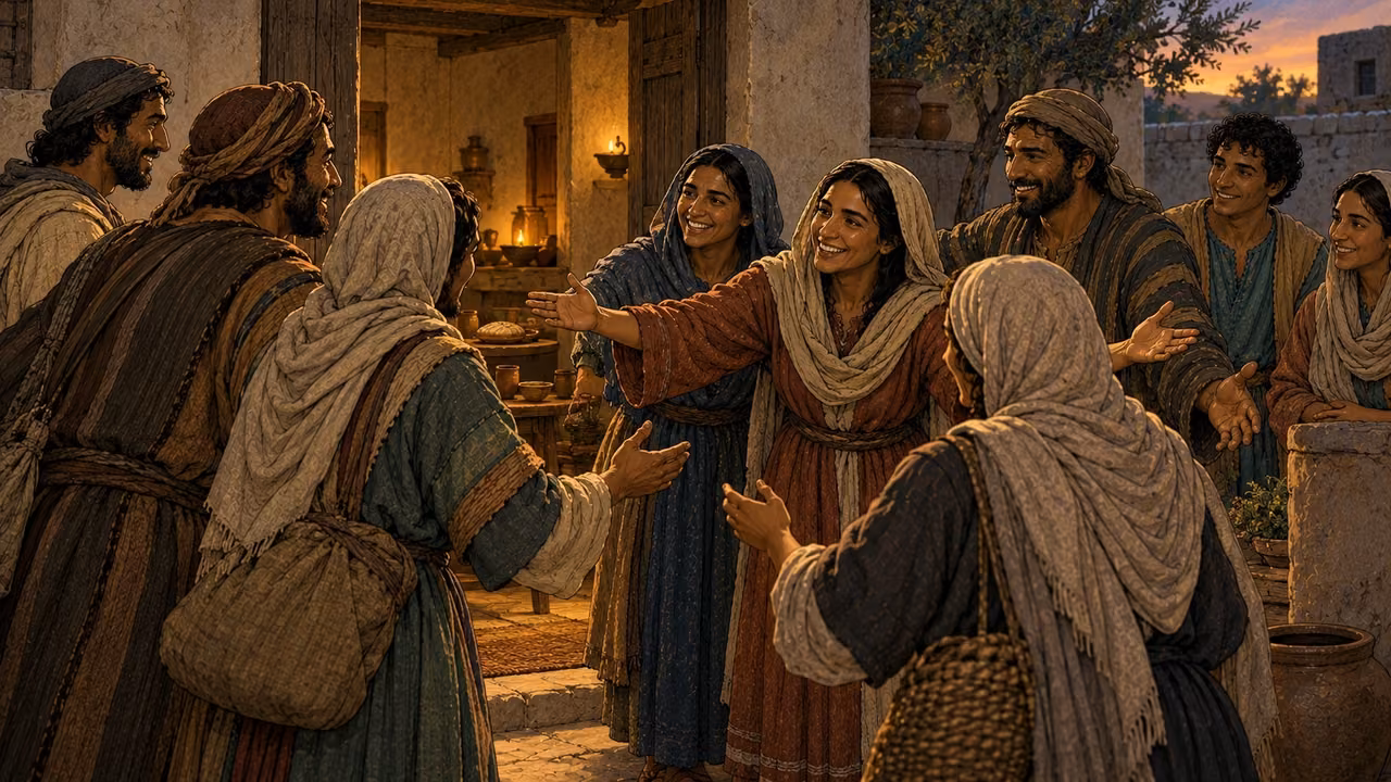 Believers welcome new arrivals into a courtyard home at evening.
