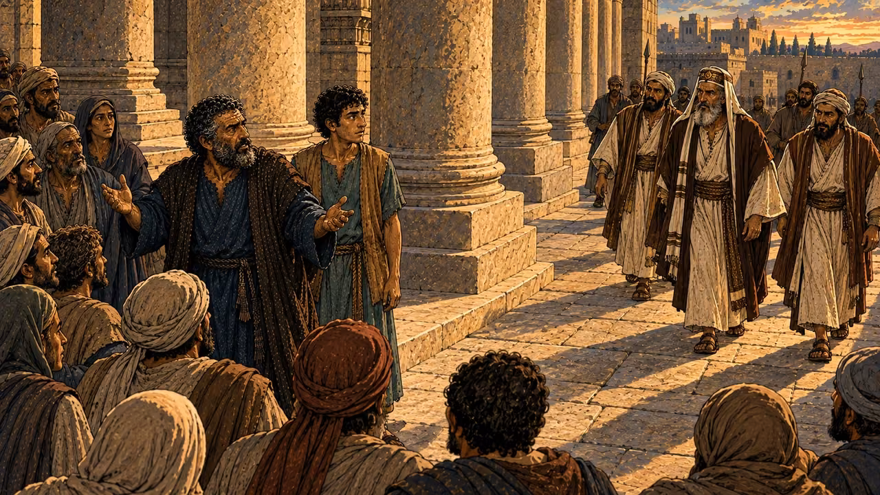 The Temple authorities approach while Peter and John are speaking to the people.