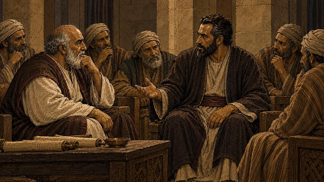 Annas, Caiaphas and members of the high-priestly family sit among the gathered leaders.