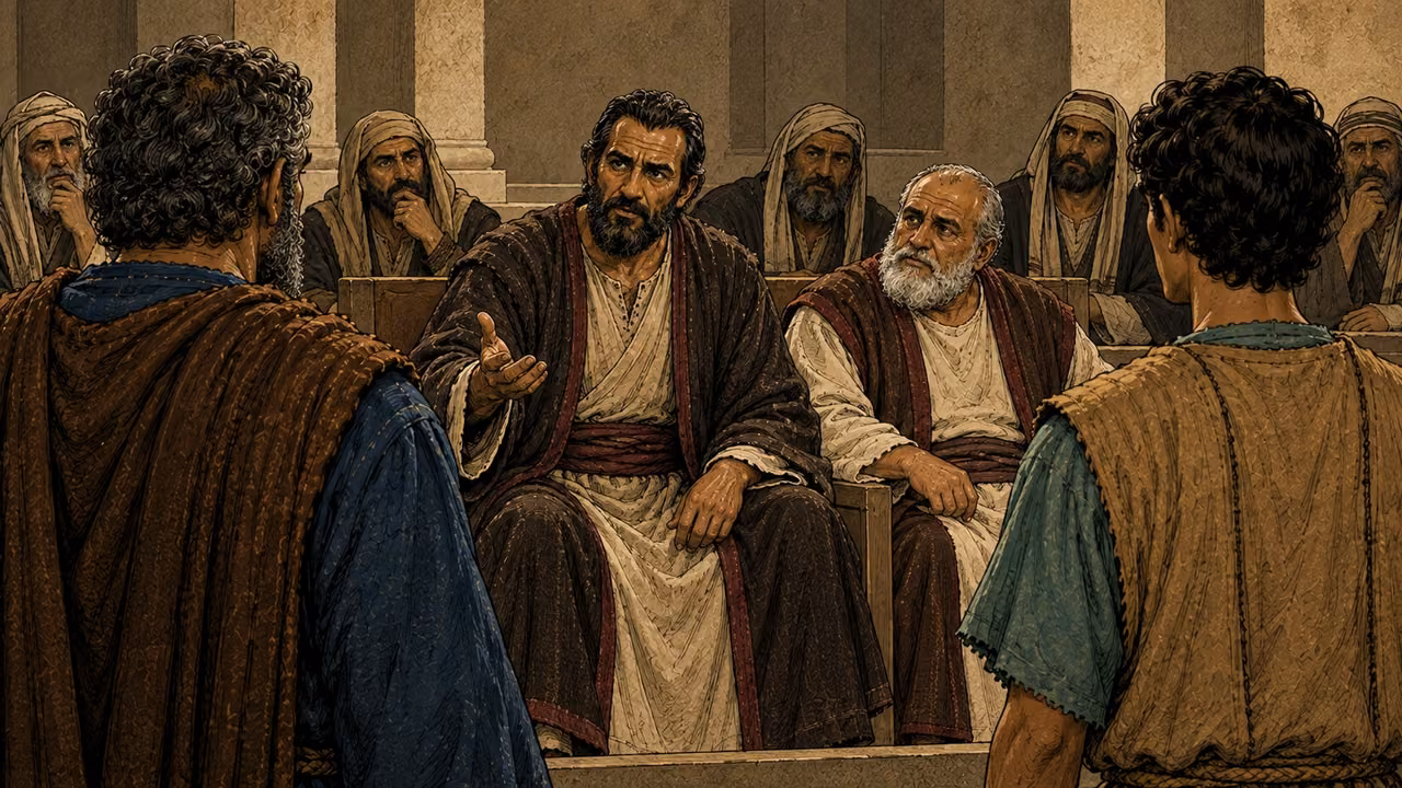 The council places Peter and John in their midst and questions how the healing happened.