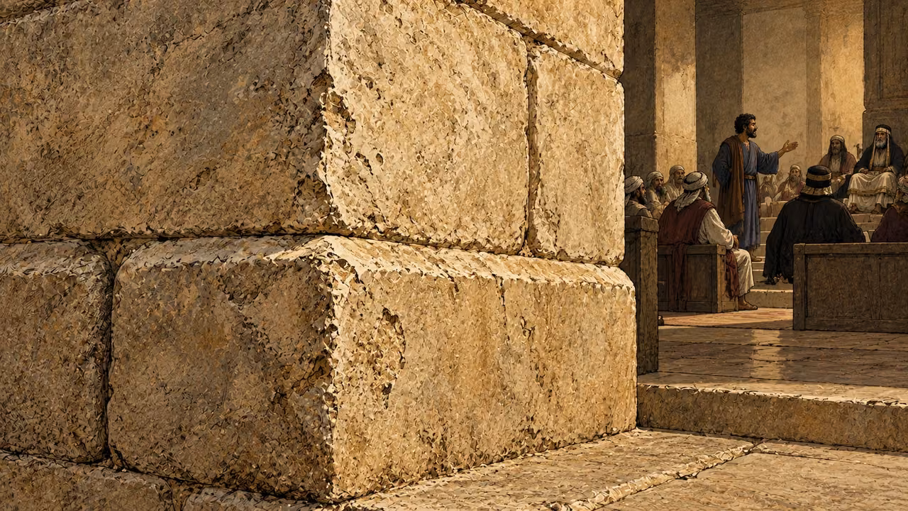 A stone corner fills the foreground while Peter continues speaking to the council beyond.