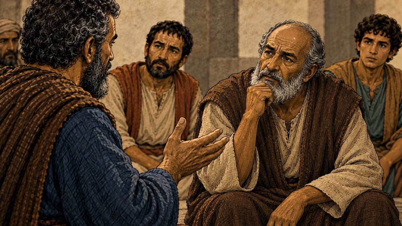 Annas listens closely as Peter speaks, with John and the healed man behind him.